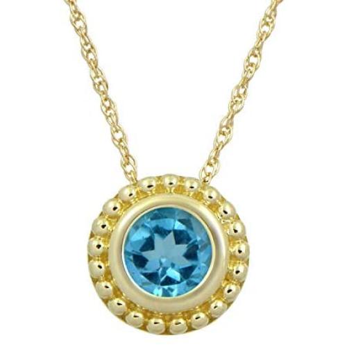 Jewelili 10K Yellow Gold 5 millimeter Swiss Blue Topaz Pendant Necklace, 18 Inches Rope Chain