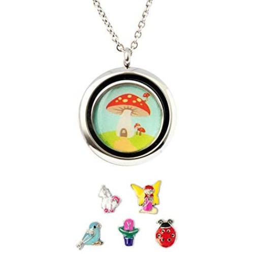 Fairy Garden Gift Locket including 5 magical enamelled charms. Fulfil every little girl’s dream. Includes a fairy, unicorn, flower, lady bug & bird floating charms set in front of a mushroom house.