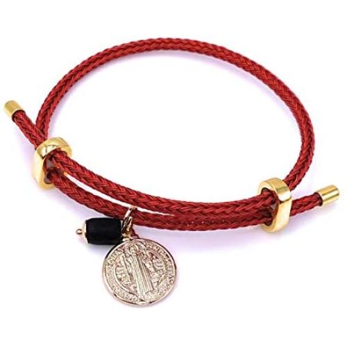 18K Gold Plated Saint Benedict Red String Bracelet Adjustable Charm Genuine Jetstone