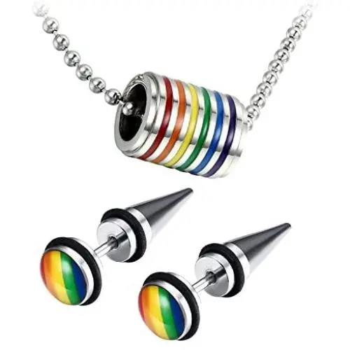 Assorted Gay Lgbt Pride Rainbow Pendant Necklace,2pcs 8MM Punk Rock Rivet Earring Studs,Hypoallergenic Assorted Gay Lgbt Pride Rainbow Pendant Necklace,2pcs 8MM Punk Rock Rivet Earring Studs,Hypoallergenic