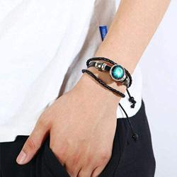Dcfywl731 Fashion 12 Twelve Constellations Hand Woven Leather Bracelet and Moon Pendant Necklace Zodiac Sign Jewelry Set