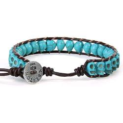 KELITCH Created Turquoise Crystal Mix Beaded Single Wrap Bracelet on Brown Leather Handwoven New Jewelry