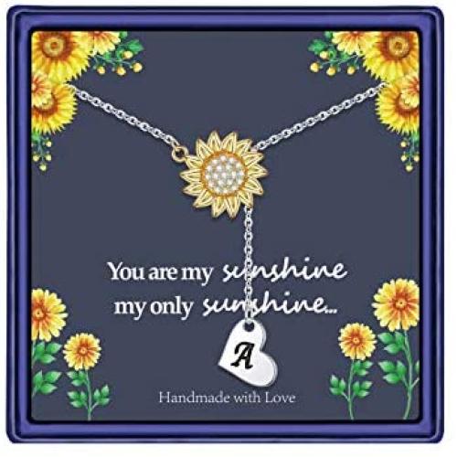 Sunflower Necklace Gift for Women Girls, 14k Gold Plated Sunflower Necklace Sunflower CZ Pendant Necklace You are My Sunshine Heart Initial Necklace Sunflower Jewelry Gifts for Women