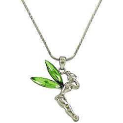 DianaL Boutique Silvertone Fairy Tinkerbell Pendant Necklace Green Crystal Wings