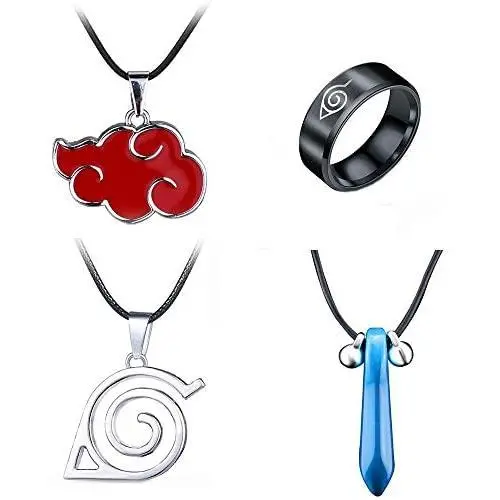 4Pack Cartoon Naruto Akatsuki Necklaces Itachi Uchiha Metal Cosplay Necklaces Pendant Ring