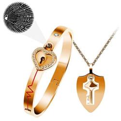 Uloveido Shield Key Pendant Necklace and Lock Bracelet for Girls Boys Couple Necklace Bracelet Set for Men and Women Anniversary Birthday Gift, You Hold the Key to My Heart Y473/Y474