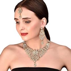 Touchstone Indian Bollywood Traditional Royal Look Attractive Filigree Carving Rhinestone Grand Bridal Designer Jewelry Necklace Set for Women