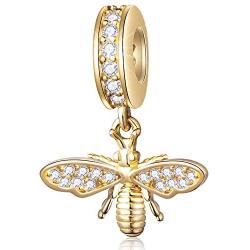 Sparkling Queen Bee Charms Gold Plated 925 Sterling Silver Dangle Charms Insects Nature Garden Charm Beads with Clear CZ Compatible with Pandora Charms Bracelet Necklace Gifts for Women/Wife/Mother/Sister