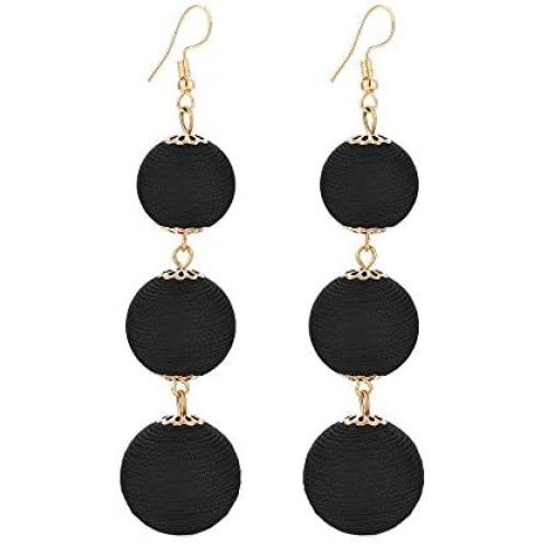 KaFu Threaded Ball Dangle Hook Bohemia Earrings Thread Wrapped Triple Balls Dangle Earrings Lantern Ball Tassel Cute Soriee Drop Earrings for Women Girls