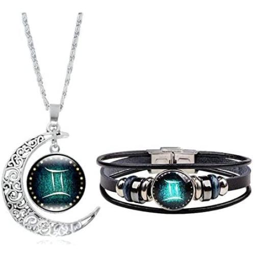 Dcfywl731 Fashion 12 Twelve Constellations Hand Woven Leather Bracelet and Moon Pendant Necklace Zodiac Sign Jewelry Set