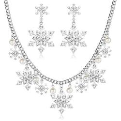 BOROGOVIA Christmas Jewelry Set Pearl Snowflake Necklace Dangle Earrings Winter Snowflake Charm Collar Necklace Holiday Earrings for Women Girls Gifts