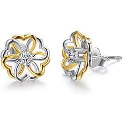 AOBOCO Flower Heart Earrings Sterling Silver Two Tone Earrings with Crystals from Austria, Hypoallergenic Stud Earrings, Anniversary Birthday Flower Jewelry Gifts for Women Daughter Girlfriend Wife