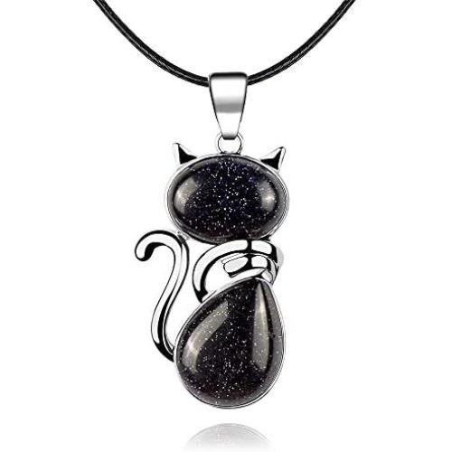 ASTRYAS Natural Chakra Stone Healing Crystals Round Gemstone Pendant Necklace Silver Cat Jewelry for Womens Girls(18 Inches Stainless Steel Chain)