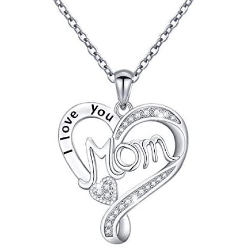 FLYOW 925 Sterling Silver Mummy Necklace I Love You Mom Heart Necklaces 18+2 Inches Adjustable Chain Mothers Day Jewelry