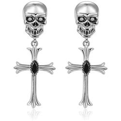 KAMONI Sterling Silver Skull Cross Earrings with Cubic Zirconia CZ Stud Dangle Drop Earrings Gothic Jewelry Gift for Girls Women