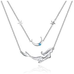Mermaid Layered Necklace for Women Teen Girls Sterling Silver Sea Mermaid Charm Pendent Jewelry Gift for Birthday Daughter Wife