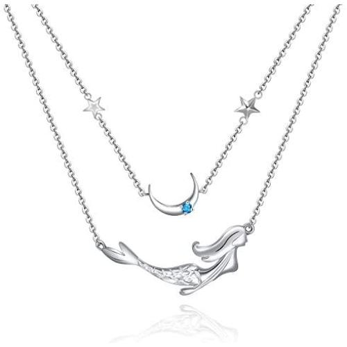Mermaid Layered Necklace for Women Teen Girls Sterling Silver Sea Mermaid Charm Pendent Jewelry Gift for Birthday Daughter Wife