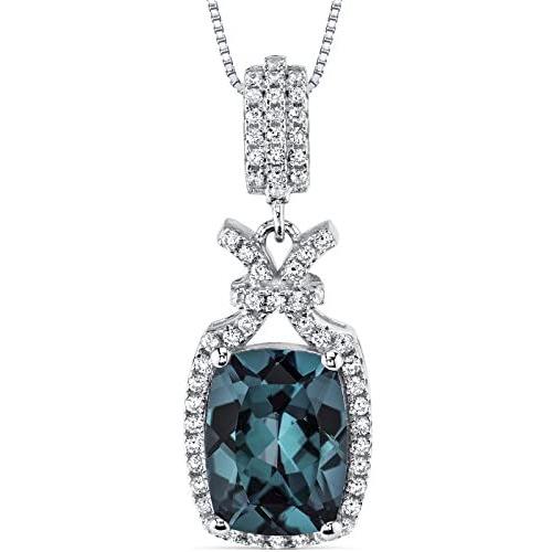 Peora Simulated Alexandrite Pendant Necklace in Sterling Silver, Vintage Halo Design, Cushion Cut, 4.50 Carats total, with 18 Inch Chain