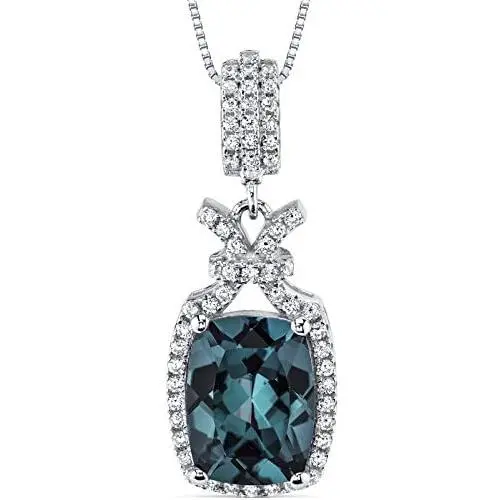 Peora Simulated Alexandrite Pendant Necklace in Sterling Silver, Vintage Halo Design, Cushion Cut, 4.50 Carats total, with 18 Inch Chain Peora Simulated Alexandrite Pendant Necklace in Sterling Silver, Vintage Halo Design, Cushion Cut, 4.50 Carats total, with 18 Inch Chain