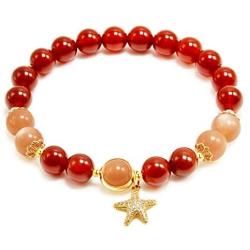 Rose&Poem Red Agate and Sunstone Crystal Bracelet, Lucky Starfish Charm, 14K Gold Plated Natural Handmade Stretch Beaded Bracelets, Spiritual Reiki Chakra Feng Shui Healing Gemstone Crystal Bead Divine Love Dainty Jewelry Gift