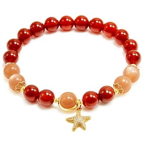 Rose&Poem Red Agate and Sunstone Crystal Bracelet, Lucky Starfish Charm, 14K Gold Plated Natural Handmade Stretch Beaded Bracelets, Spiritual Reiki Chakra Feng Shui Healing Gemstone Crystal Bead Divine Love Dainty Jewelry Gift