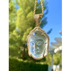 Iced Guanyin Tathagata Buddha White Jade Pendant Necklace 20'' Rope Chain Genuine Certified Grade A Jadeite Jade Hand Crafted, Jade Necklace, 14k Gold Filled Laughing Jade Buddha Necklace, Jade Medallion, Fast Prime Shipping