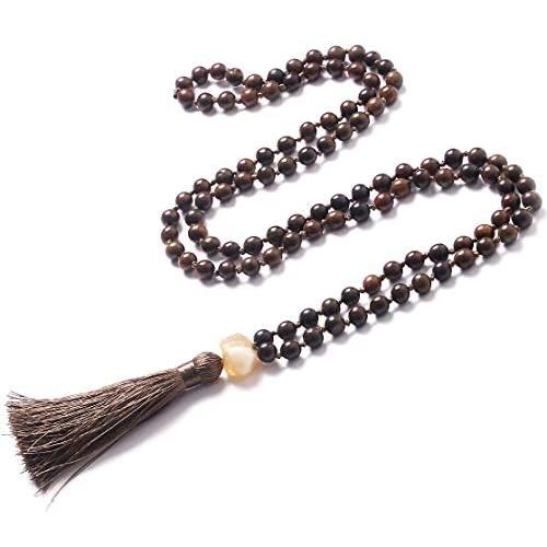 PNEIME Sandalwood Mala Beads 108 Necklace, Wood Mala Necklace, Hand Knotted Tibetan Wooden Prayer beads, Japa Mala Meditation Beads Yoga Necklace