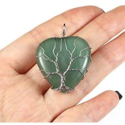 Top Plaza Natural Green Aventurine Healing Crystals Necklace Silver Tree of Life Wire Wrapped Heart Shape Stone Pendant for Womens Girls Ladies