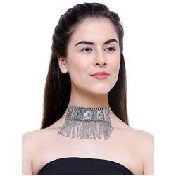 Sansar India Oxidised Gypsy Square Multicolor Tassels Choker Necklace for Girls and Women 1751