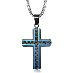 Holizaly Mens Stainless Steel Cross Necklace, Stainless Steel Cross Pendant, Two-Color Black and Blue Pendant-Including Gift Box