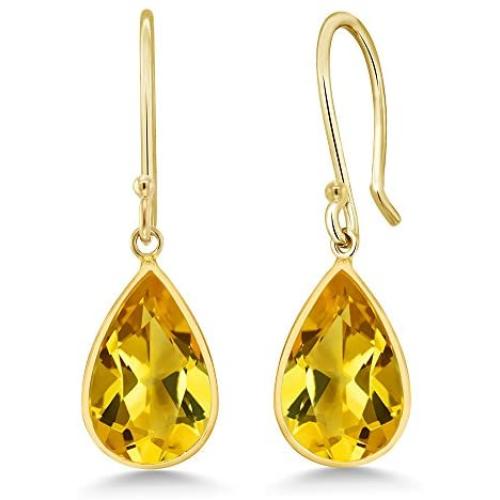 Gem Stone King 14K Yellow Gold Natural Citrine Gemstone Drop Earrings For Women, Fine Jewelry Pear Shape 8X12MM