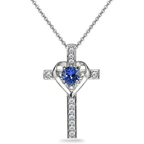 Sterling Silver Heart in Cross Pendant Necklace Made with Swarovski Crystals