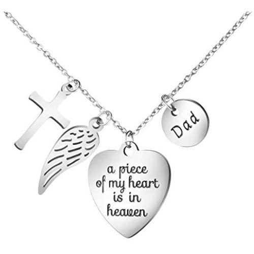 Joycuff Memorial Necklace Sympathy Gifts for Loss of Dad Mom Husband Loved One Angel Wings Cross Charm Remembrance Jewelry Silver Stainless Steel Pendant