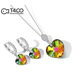T400 Blue Purple Green White Gold Crystal Jewelry Set with Heart Pendant Necklace and Drop Earrings Birthday Gift for Women