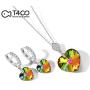 T400 Blue Purple Green White Gold Crystal Jewelry Set with Heart Pendant Necklace and Drop Earrings Birthday Gift for Women