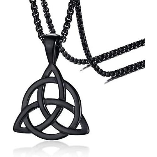 PJ Jewelry Mens Stainless Steel Irish Celtic Knot Triquetra Trinity Triangle Pendant Necklaces with 24'' Box Chain