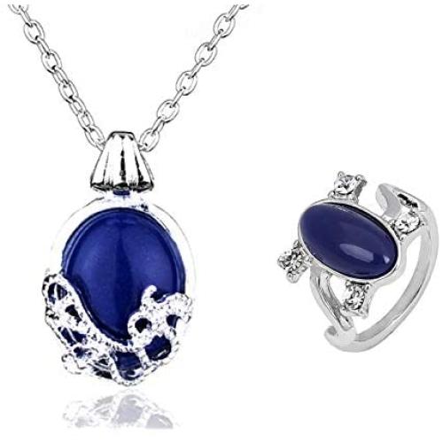 JinYu 2 Set Unisex Vampire Diaries Elena Sapphire Crystal Daylight Ring and Katherine Sapphire Crystal Pendant Daywalking Necklace