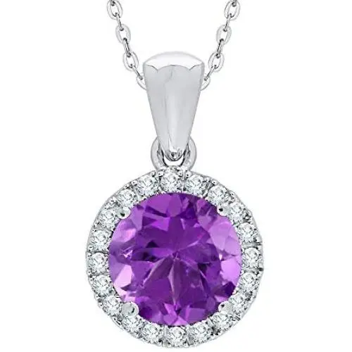 KATARINA Prong Set Diamond and Amethyst Halo Pendant Necklace in Gold or Silver (1 7/8 cttw, J-K, SI2-I1)