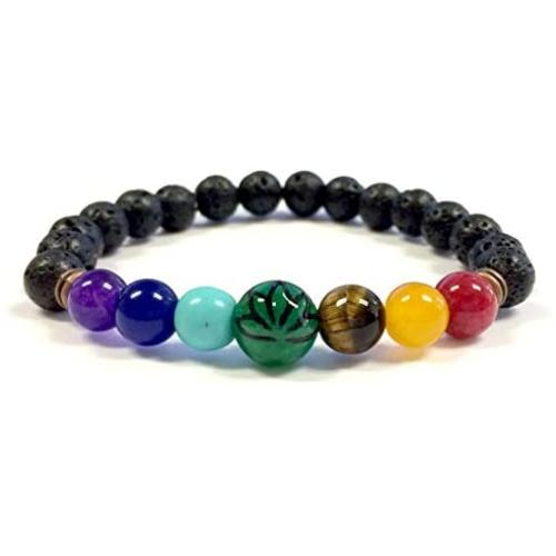 Chakra Bracelet For Women Real Stones - 7 Chakra Beads Bracelet - Healing Bracelet Hand Painted Lotus Diffuser Stretch Bracelet For Women Men Lava Stone 7.25'' Length
