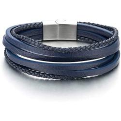 COOLSTEELANDBEYOND Mens Womens Multi-Strand Navy Blue Braided Leather Bracelet Wristband with Steel Magnetic Clasp