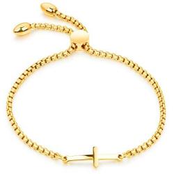 Cocazyw 14K Gold Plated Rose Gold Silver Cross Adjustable Sideways Bracelet for Women Girls,Gold Cross Bracelet Stainless Steel for Men