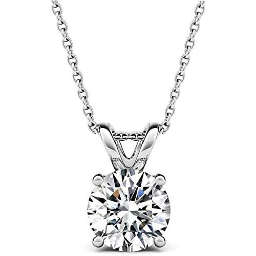 AllenCOCO White Gold Plated Sterling Silver Cubic Zirconia Round Cut Solitaire Pendant Necklace