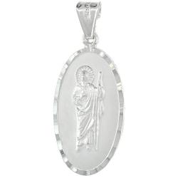 Sterling Silver St. Jude Necklace San Judas Tadeo Medal Oval Diamond Cut Rim 1 1/8 inch Tall 18-30 inch Chain