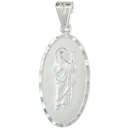 Sterling Silver St. Jude Necklace San Judas Tadeo Medal Oval Diamond Cut Rim 1 1/8 inch Tall 18-30 inch Chain