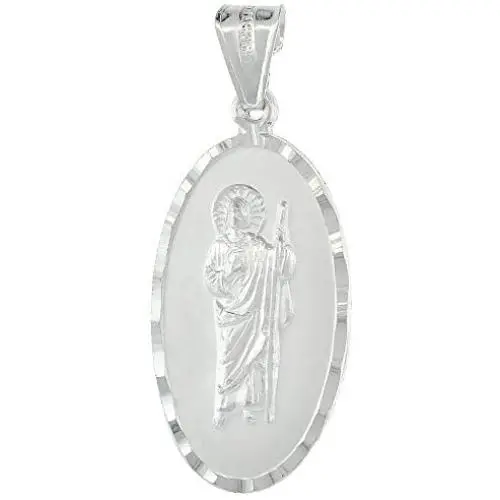 Sterling Silver St. Jude Necklace San Judas Tadeo Medal Oval Diamond Cut Rim 1 1/8 inch Tall 18-30 inch Chain