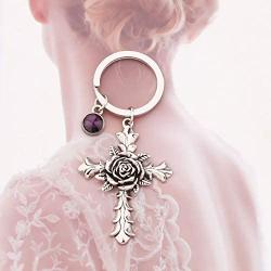 SEIRAA Rose Cross Keychain with 12 Birthstones Jewelry Memorial Gifts Baptism First Communion Key Ring