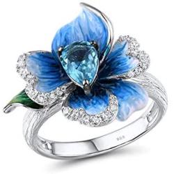 Santuzza Heart Shape Flower Rings 925 Sterling Silver Exquisite Blue Clover Enamel Ring Fine Jewelry for Women