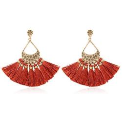 Bohemian Multi Tassel Statement Drop Earrings - Silky Thread Strand Fan Fringe Chandelier, Simple Metallic, Geometric Acetate Dangles