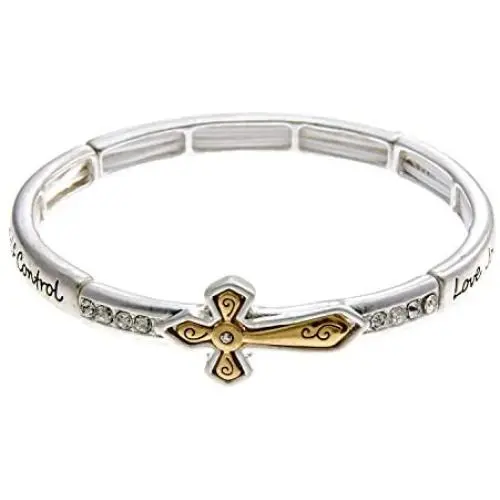 PammyJ Cross Jewelry for Women - Two-Tone Fruit of The Spirit with Cross Stretch Bracelet PammyJ Cross Jewelry for Women - Two-Tone Fruit of The Spirit with Cross Stretch Bracelet