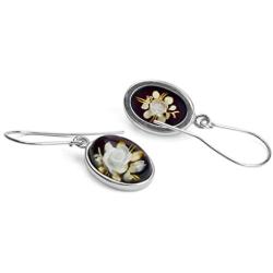 Amber Sterling Silver Cameo Rose Flower Oval Earrings